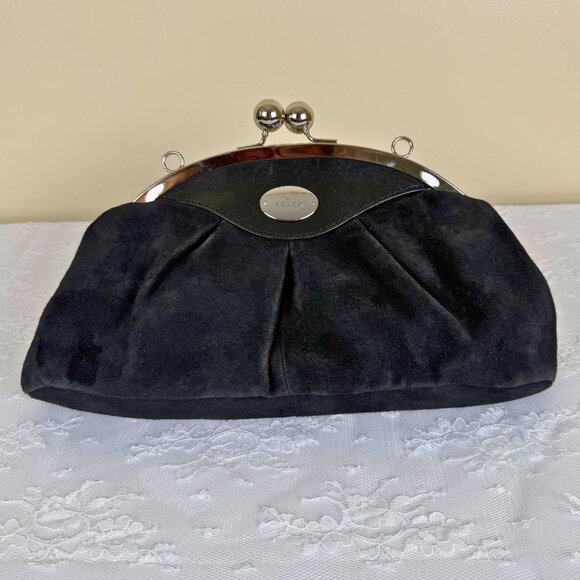 🔥 Tiger of Sweden Black Suede Clutch -Silver Frame Clasp ☀️Sale ☀️ - Picture 1 of 6